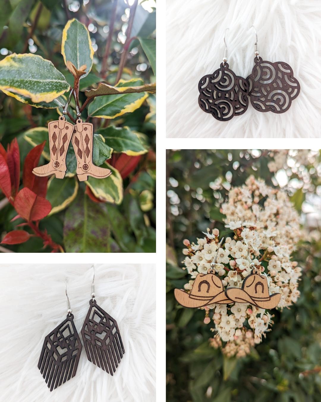 Boucles d'oreilles en bois motif country et géométrique